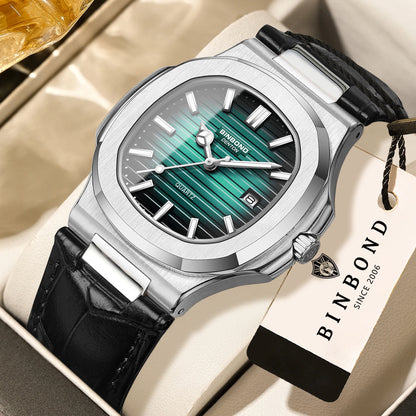 BINBOND precise quartz wristwatches for men luxury luminous waterproof auto date leather strap durabble men's watch casual reloj