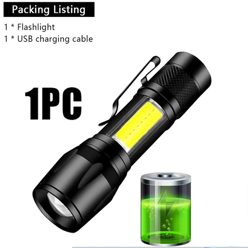 USB Rechargeable Mini Flashlight COB+XPE Portable Built-in Battery Zoomable Small Torch 3 Mode Camping Emergency Flashlights