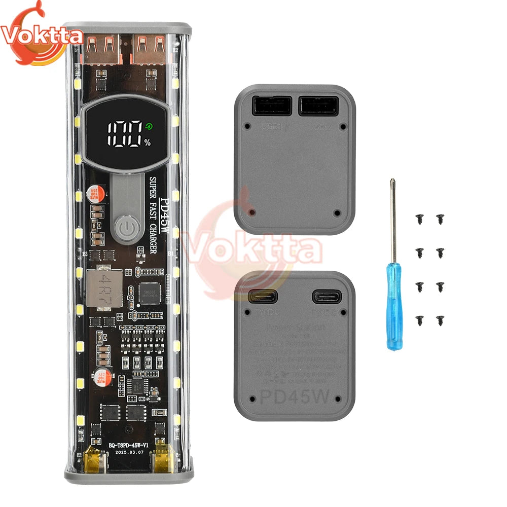 PD 45W Super Fast Charging Transparent Power Bank Battery Shell Welding Free 8 sections 18650 Battery Box With Outdoor Light