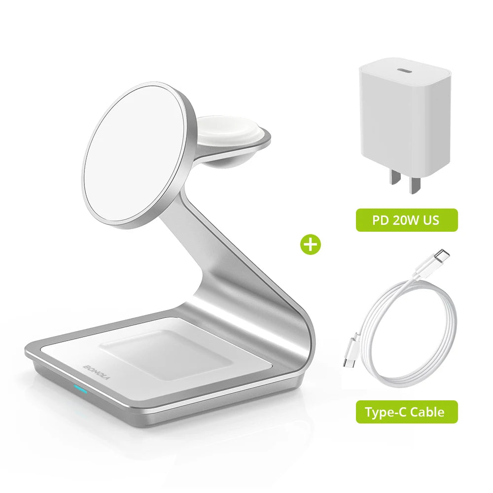 Bonola Magnetic 3 in 1 Charger Metal Stand for iPhone 14/15/16/17 Pro Fast Wireless Charging Desk Holder for Apple Watch/AirPods