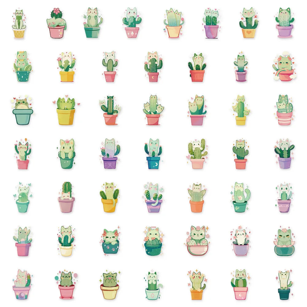 50PCS Cartoon Cute Cat Cactus Fun Sticker Pack DIY Phone Case Laptop Water Bottle Handbag PET Stickers