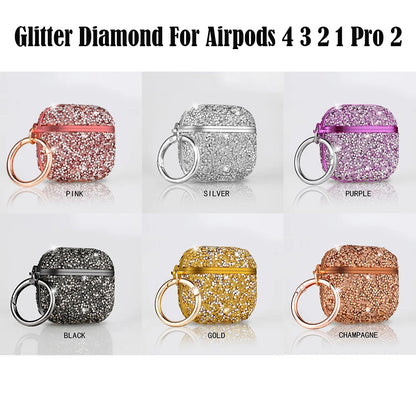 Funda For AirPods 4 3 2 1 Pro2 Case Glitter Diamond Bling Headphone Cover For AirPods 4 4th Pro 2 2nd Cases TPU Coque With Hook
