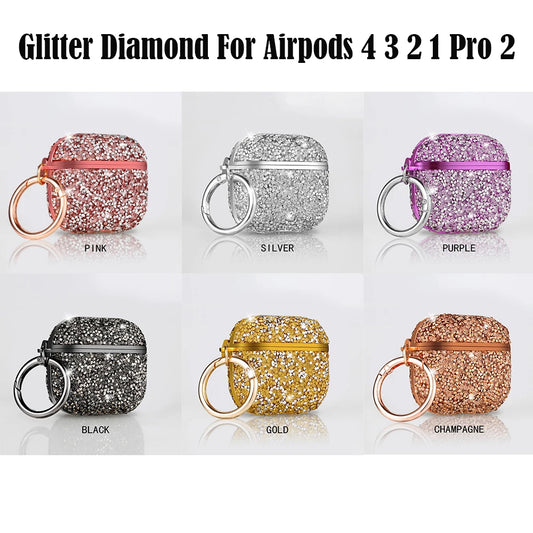 Funda For AirPods 4 3 2 1 Pro2 Case Glitter Diamond Bling Headphone Cover For AirPods 4 4th Pro 2 2nd Cases TPU Coque With Hook