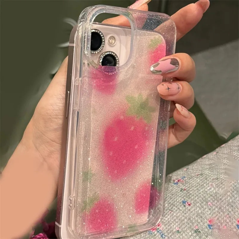 Cute Glitter Strawberry Clear Phone Case For iPhone 17 16 15 14 13 12 11 Pro Max 16E XS X XR 7 8 Plus Lovely Bwoknot Soft Cover