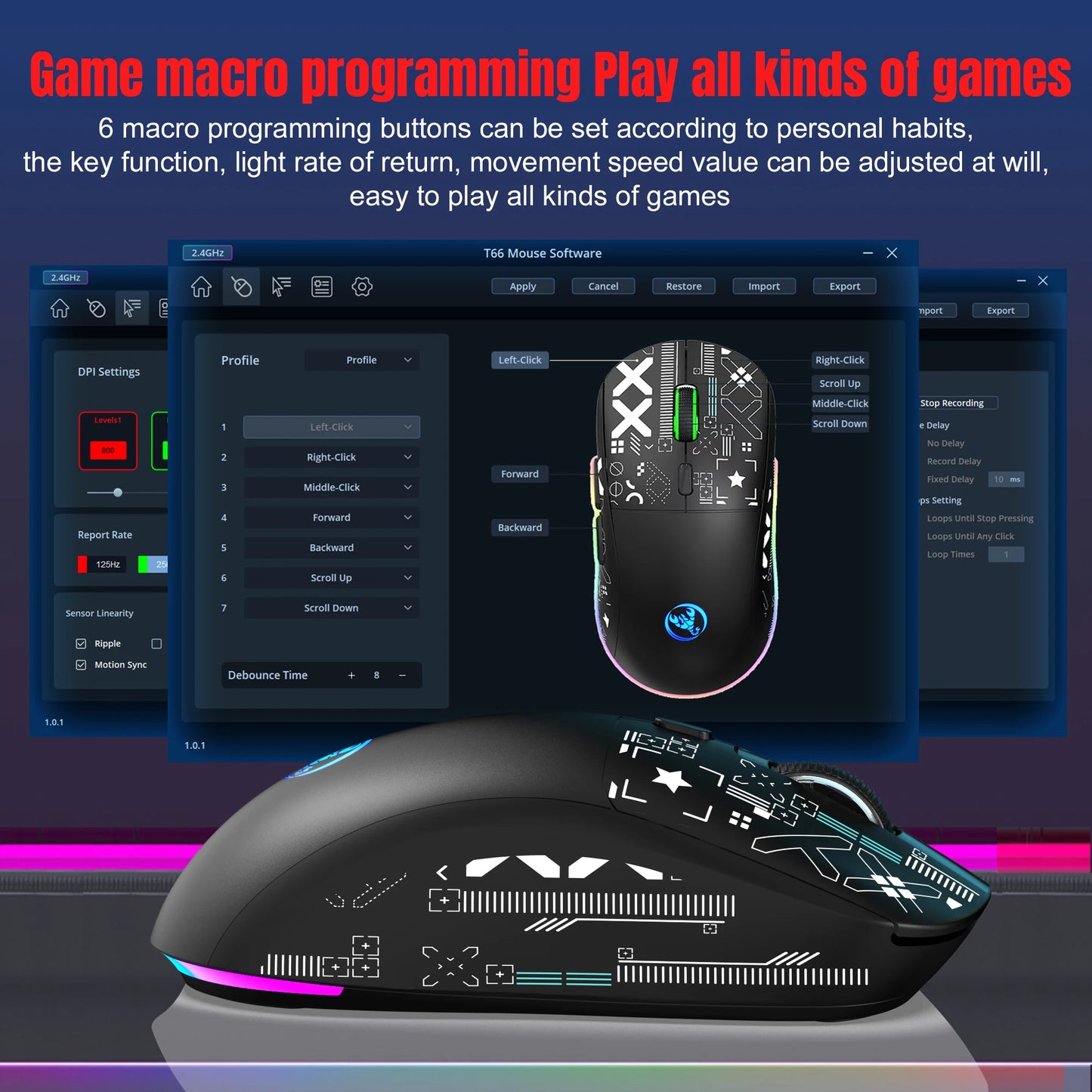 T90 Wireless Bluetooth Mouse RGB (BT1/BT2+ USB) 2.4GHz Rechargeable Silent Bluetooth Wireless Mouse with Type C Adapter