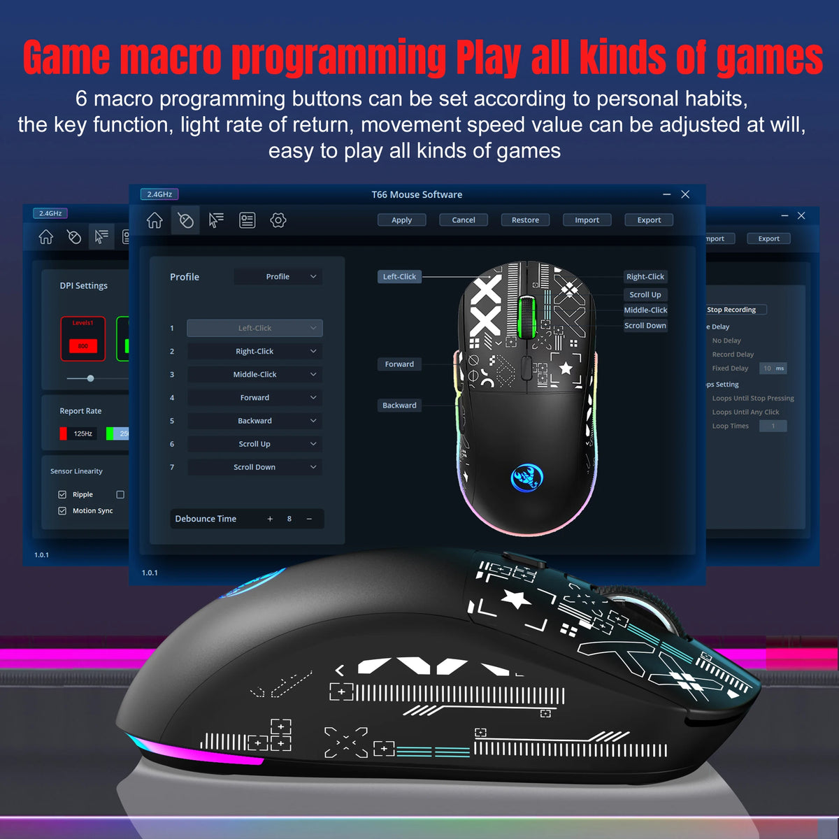 T90 Wireless Bluetooth Mouse RGB (BT1/BT2+ USB) 2.4GHz Rechargeable Silent Bluetooth Wireless Mouse with Type C Adapter
