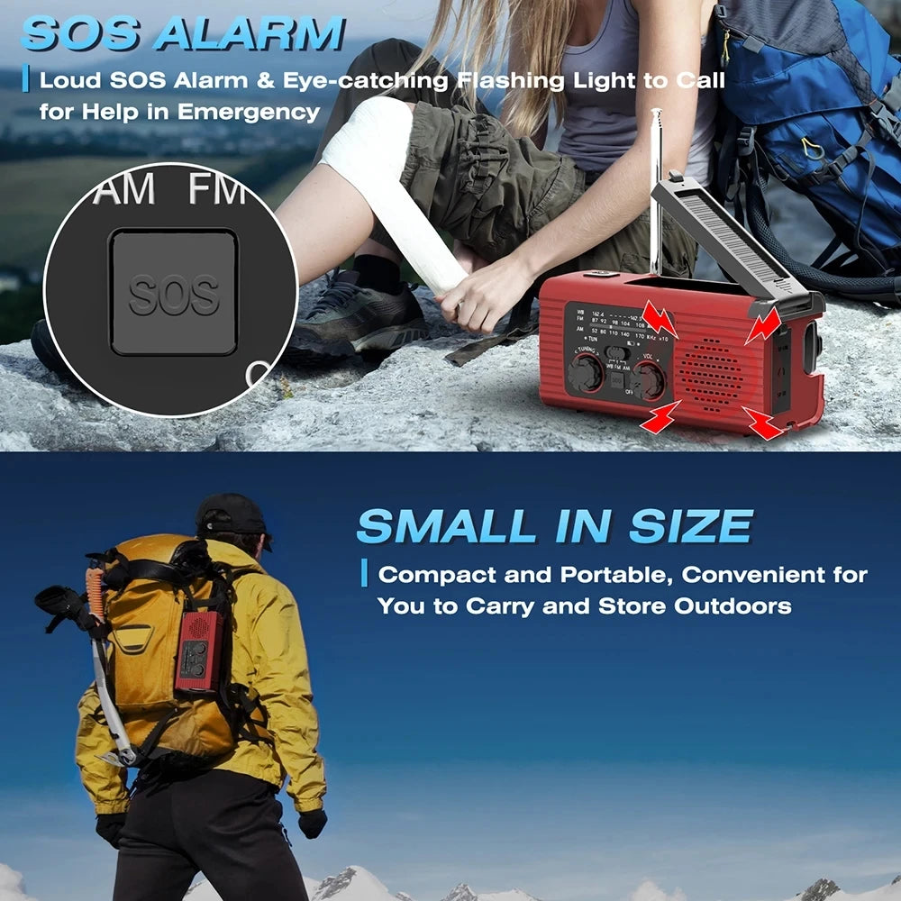SOS Alarm Emergency Hand Crank Radio AM/FM NOAA Solar Power USB Chargeable 4000mAh Power Bank Portable Radio with LED Flashlight