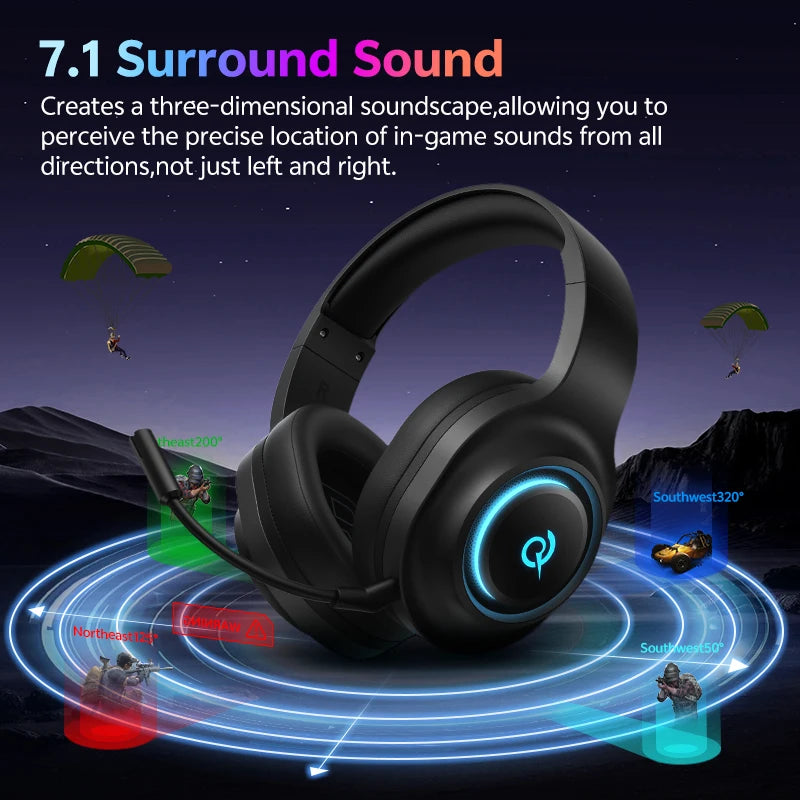 QCY Heroad V200 Gaming Headset Bluetooth 6.0 with Mic 50mm Driver 7.1 Surround Sound RGB Over Ear Headphones for PC Laptop PS4/5