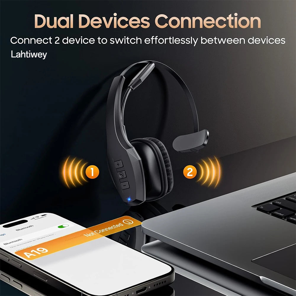 Noise Cancelling Trucker Bluetooth Headset with Microphone Wireless AI-Powered ENC Headphones 55H of Talk Time All-Day Comfort