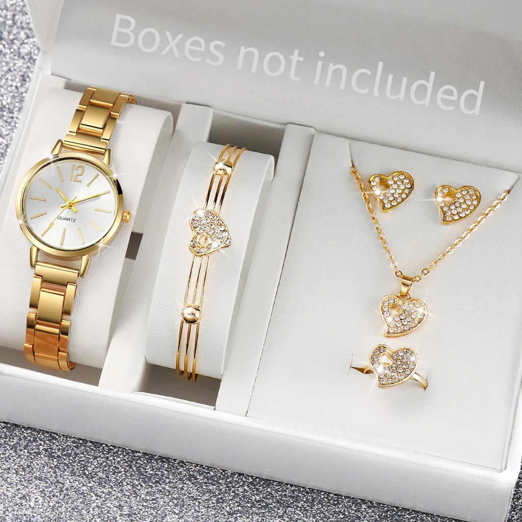6PCS/Set Fashion Women's Quartz Watch Stainless Steel Band Wrist Watches Diamond Jewelry Set(Without Box)