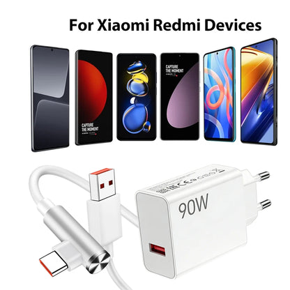 90W Max EU Fast Charger For Xiaomi 13 14 15 Ultra 15T 17 Pro Redmi Note 14 15 Pro POCO F6 F7 F8 X7 X8 Pro Type C USB Elbow Cable