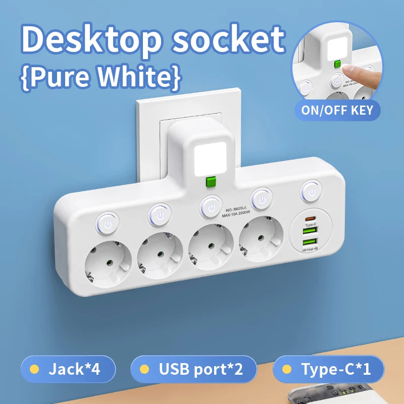 Power Strip EU Plug AC Outlets Multitap Socket Extension Cord Electrical With USB Type C PD Fast Charging Network Filter Adapter