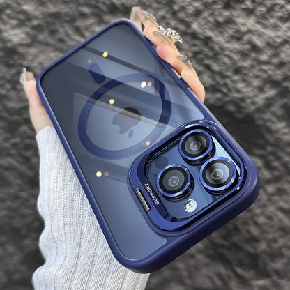 Luxury Lens Holder Transparent Magnetic Wireless Charge Case For iPhone 11 12 13 14 15 16 17 Air Pro Max Plus Shockproof Cover
