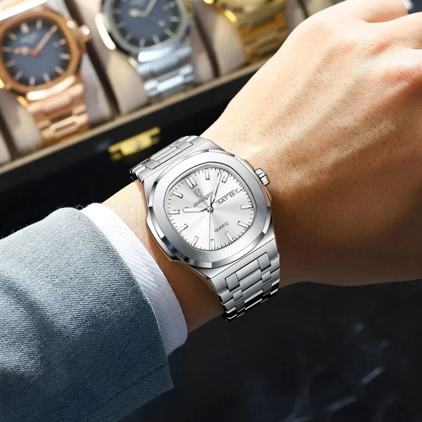 POEDAGAR Classic Square Men Wristwatch Waterproof Luminous Date Week Casual Man Clock Stainless Steel Men's Quartz Watches Reloj