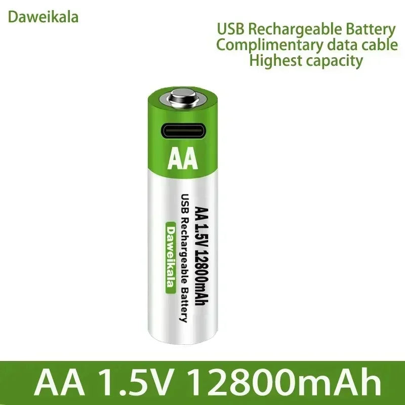2024 New 1.5V AA USB Rechargeable Battery 12800 mAh Li-ion Battery for Remote Control Mouse Electric Toy Battery + Type-C Cable