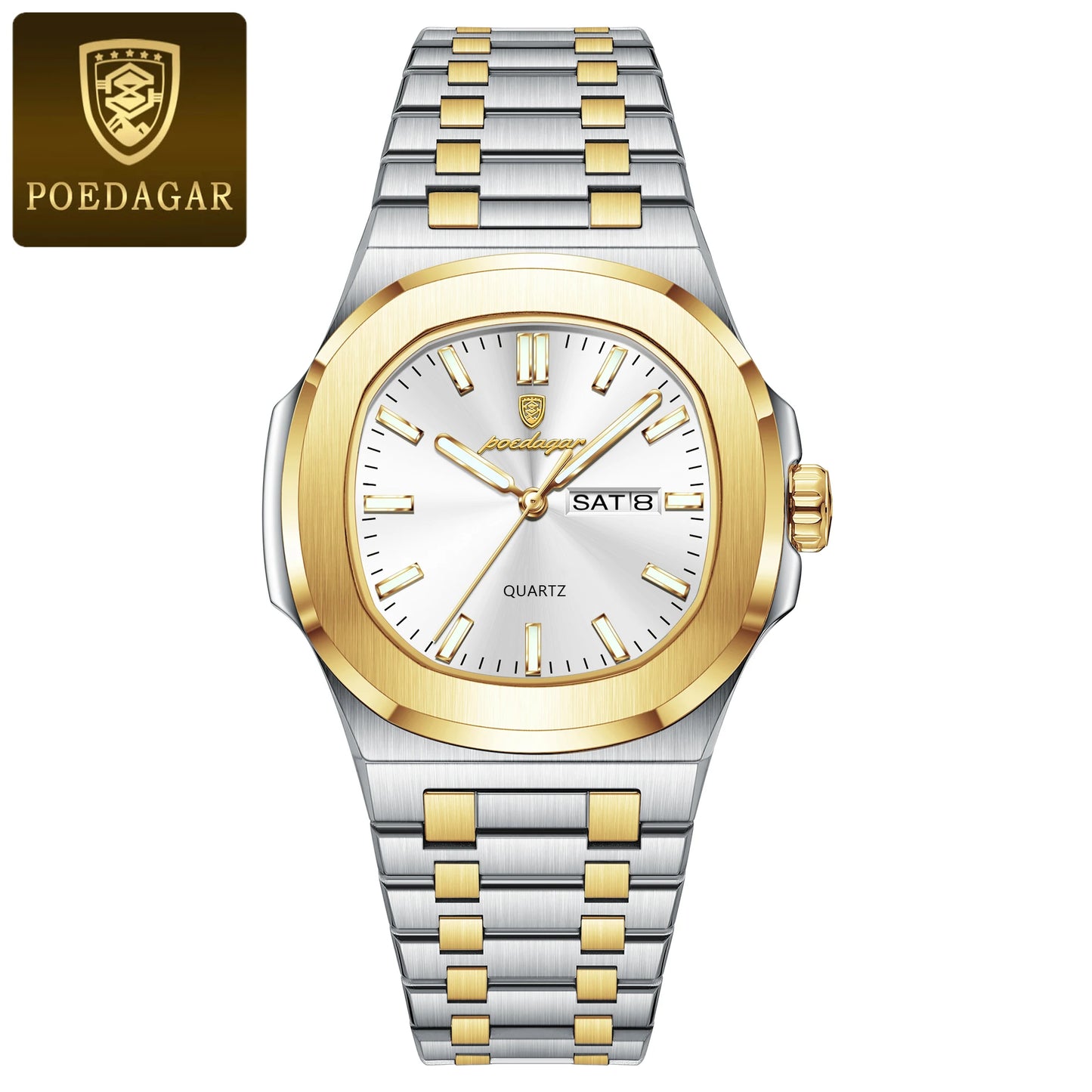 POEDAGAR Classic Square Men Wristwatch Waterproof Luminous Date Week Casual Man Clock Stainless Steel Men's Quartz Watches Reloj