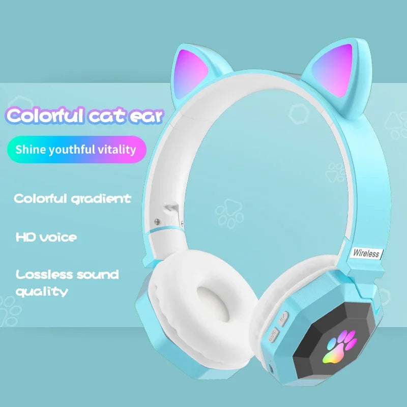 Flashing LED Cute Cat Ears Headphones Bluetooth Wireless Headset with Mic TF FM Kid Girl Stereo Music Earbud Kitten Earphon Gift