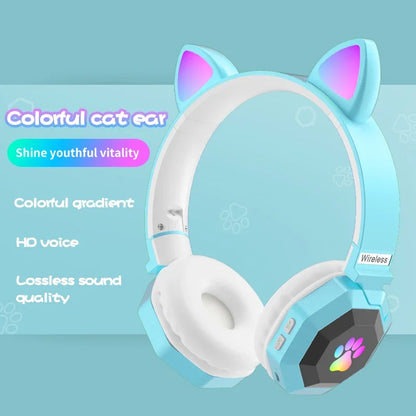 Flashing LED Cute Cat Ears Headphones Bluetooth Wireless Headset with Mic TF FM Kid Girl Stereo Music Earbud Kitten Earphon Gift