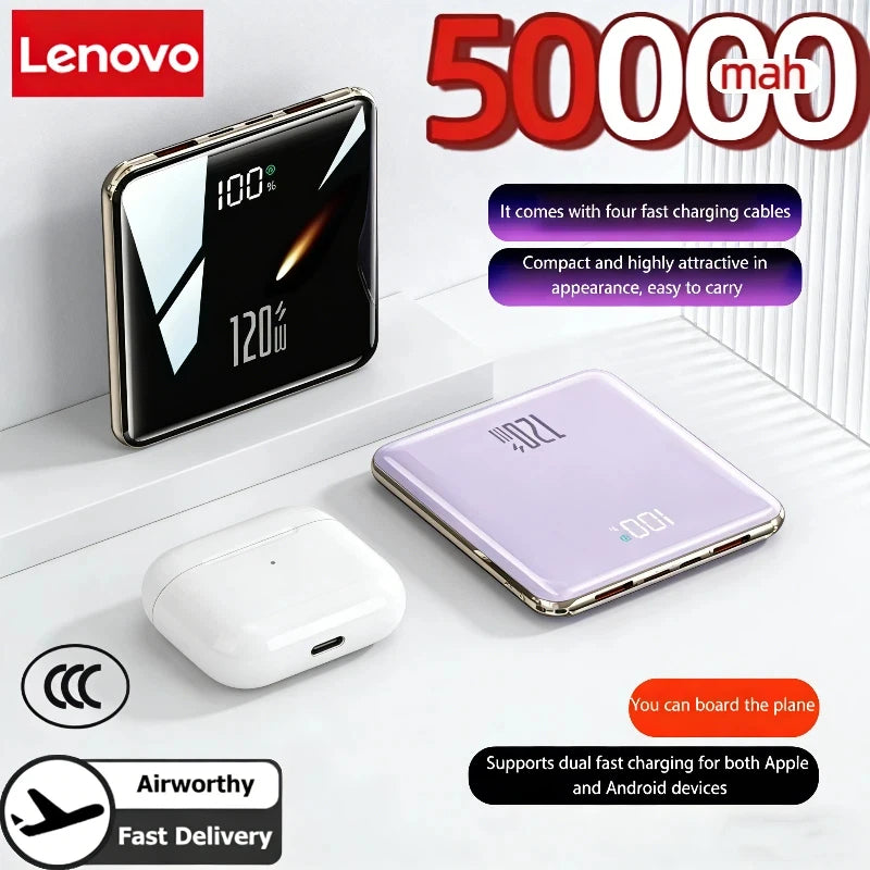 Lenovo 500000mAh Mini Power Bank Large Capacity Super Fast Charging External Battery Built-in 4 Cable For IPhone
