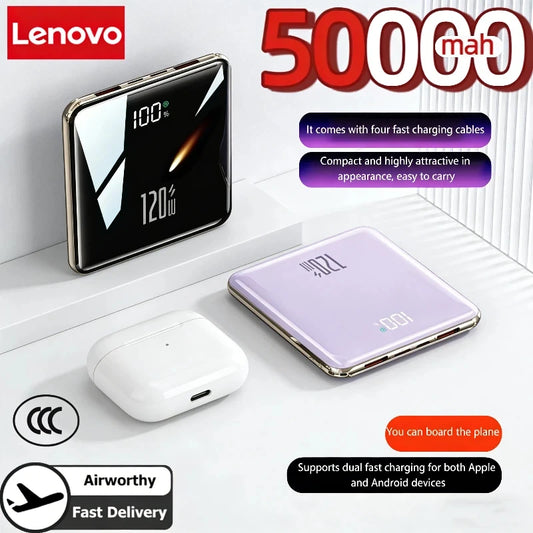 Lenovo 500000mAh Mini Power Bank Large Capacity Super Fast Charging External Battery Built-in 4 Cable For IPhone