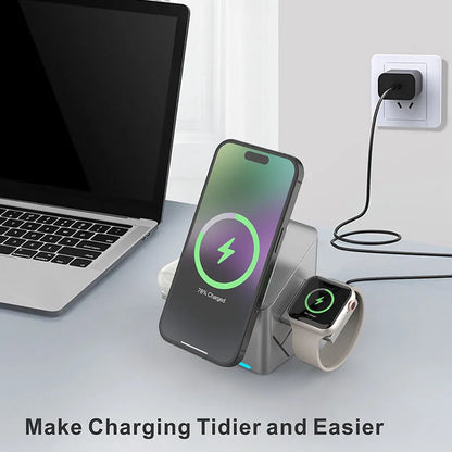 Rotating Qi2 3in1 15w Magnetic Wireless Charger Stand For iPhone 16 15 14 13 12 Max  iWatch Airpods Fast Charging Dock