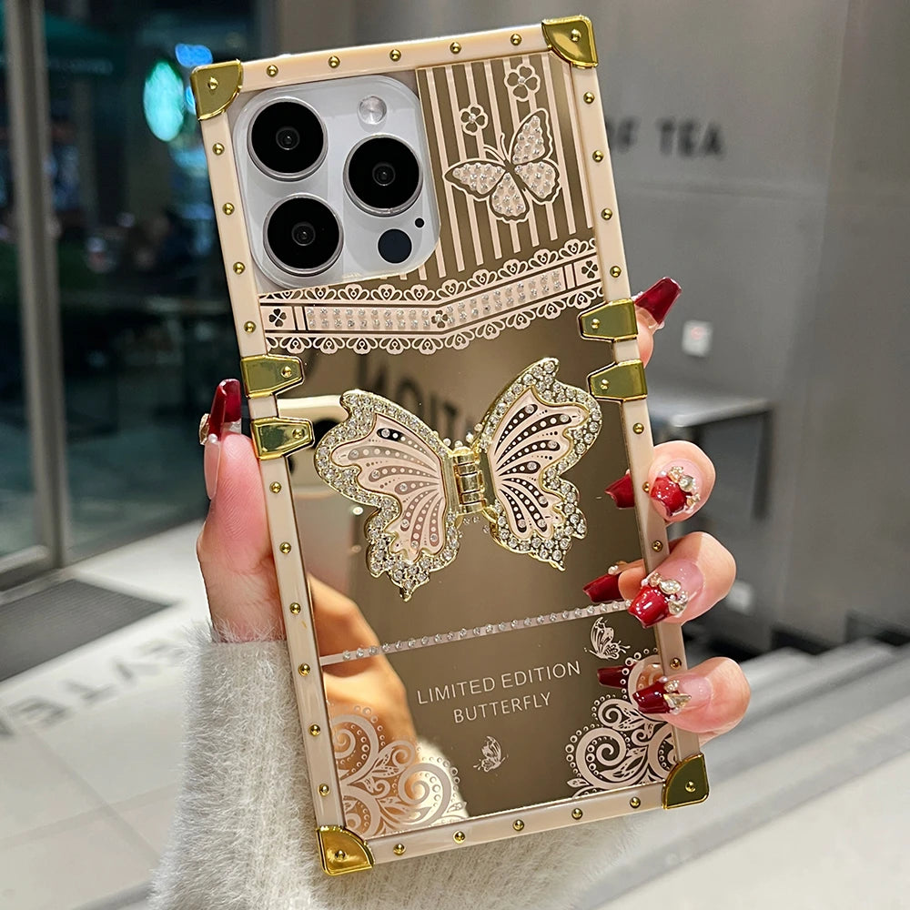 Luxury Diamond Butterfly Bracket Stand Phone Case For iPhone 16 15 Pro Max 14 13 12 11 Mirror Shockproof Protection Bumper Cover