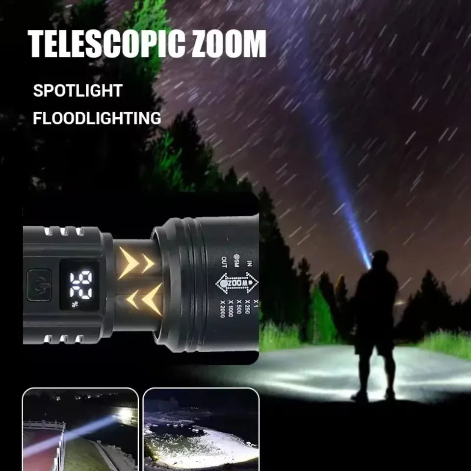 Powerful P70 LED Flashlights, Ultra Bright Tactical Light, Emergency Spotlights, Telescopic Zoom Light, Built-in Battery, 5000LM