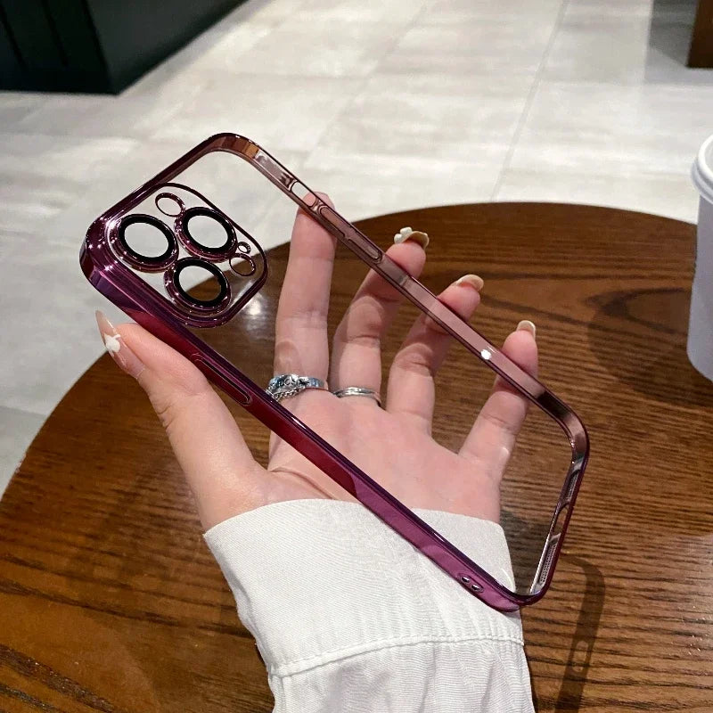 Luxury Plating Clear Silicone Phone Case For iPhone 16 15 14 13 12 11 Pro Max Plus X XR XS Mini Lens Protection Case Back Cover