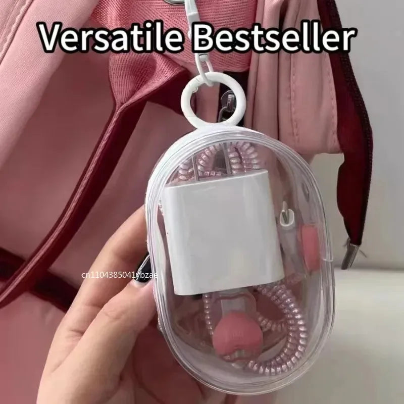 Portable Mini Clear Zipper Storage Bag - Space-Saving Organizer for Earphones & Chargers, Versatile with Handy Keychain Loop