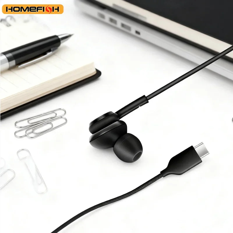 HOMEFISH USB-C Wired Earbuds In-Ear Headphones with Mic HiFi Stereo Sound Tangle-Free Braided Cable Type-c,3.5mm 2skus