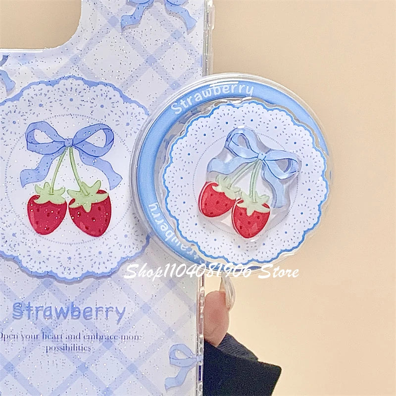 Korean Cute Cartoon Bowknot Strawberry Magnetic Holder Phone Stand Griptok Grip Tok Support For iPhone For Magsafe Accessories