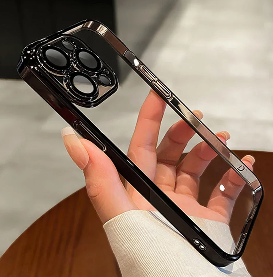 Luxury Plating Clear Silicone Phone Case For iPhone 16 15 14 13 12 11 Pro Max Plus X XR XS Mini Lens Protection Case Back Cover
