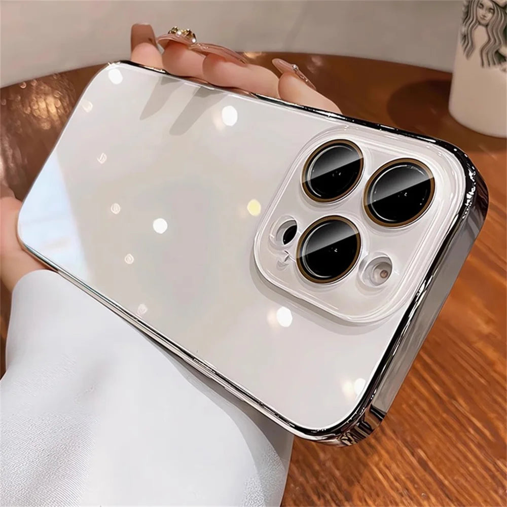 Luxury Plating Bumper Armor Glossy Case For iPhone 11 12 13 14 15 16 17 Pro Max Crystal Glass Lens Protection Hard Cover