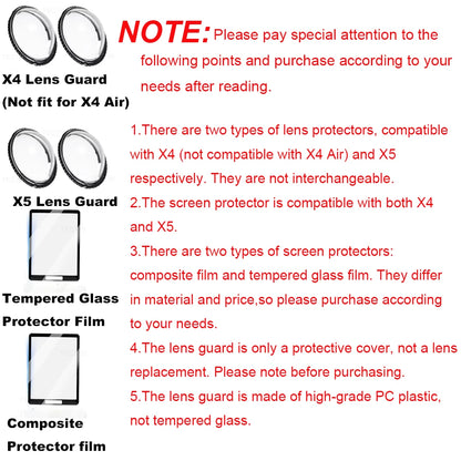 Screen Protector Lens Guard Cap For Insta360 X4 X5 Tempered Glass Film 360°Video Camera Accessories Protective Kit Anti-Scratch