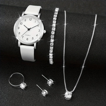 5/6PCS Fashion Women's Quartz Watch Leather Band Analog Quartz Watches with Diamond Jewelry (Without Box)