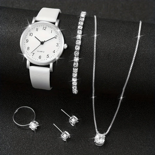 5/6PCS Fashion Women's Quartz Watch Leather Band Analog Quartz Watches with Diamond Jewelry (Without Box)