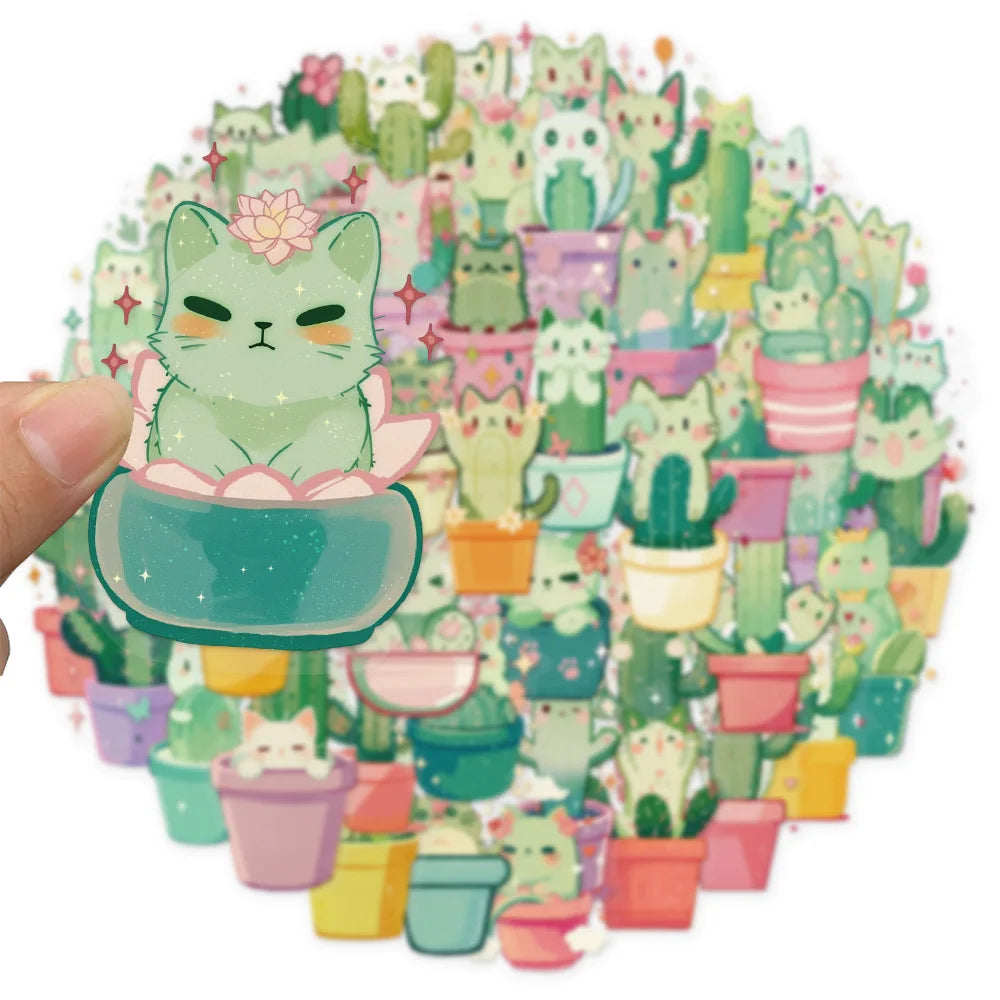50PCS Cartoon Cute Cat Cactus Fun Sticker Pack DIY Phone Case Laptop Water Bottle Handbag PET Stickers
