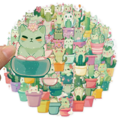 50PCS Cartoon Cute Cat Cactus Fun Sticker Pack DIY Phone Case Laptop Water Bottle Handbag PET Stickers
