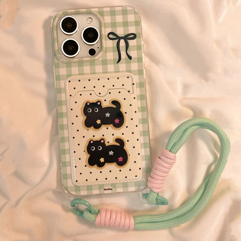 Card bag with transparent grid ripple points, two cat phone cases with hanging ropes for iPhone 11 12 13 4 15 16 promax