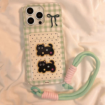 Card bag with transparent grid ripple points, two cat phone cases with hanging ropes for iPhone 11 12 13 4 15 16 promax
