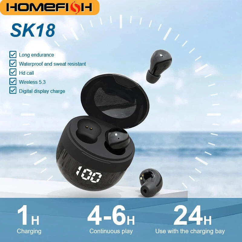 HOMEFISH SK18 Mini Sleep Wireless Earbuds, Bluetooth 5.3, Invisible In-Ear, Digital Display, Noise Cancelling for Side Sleepers