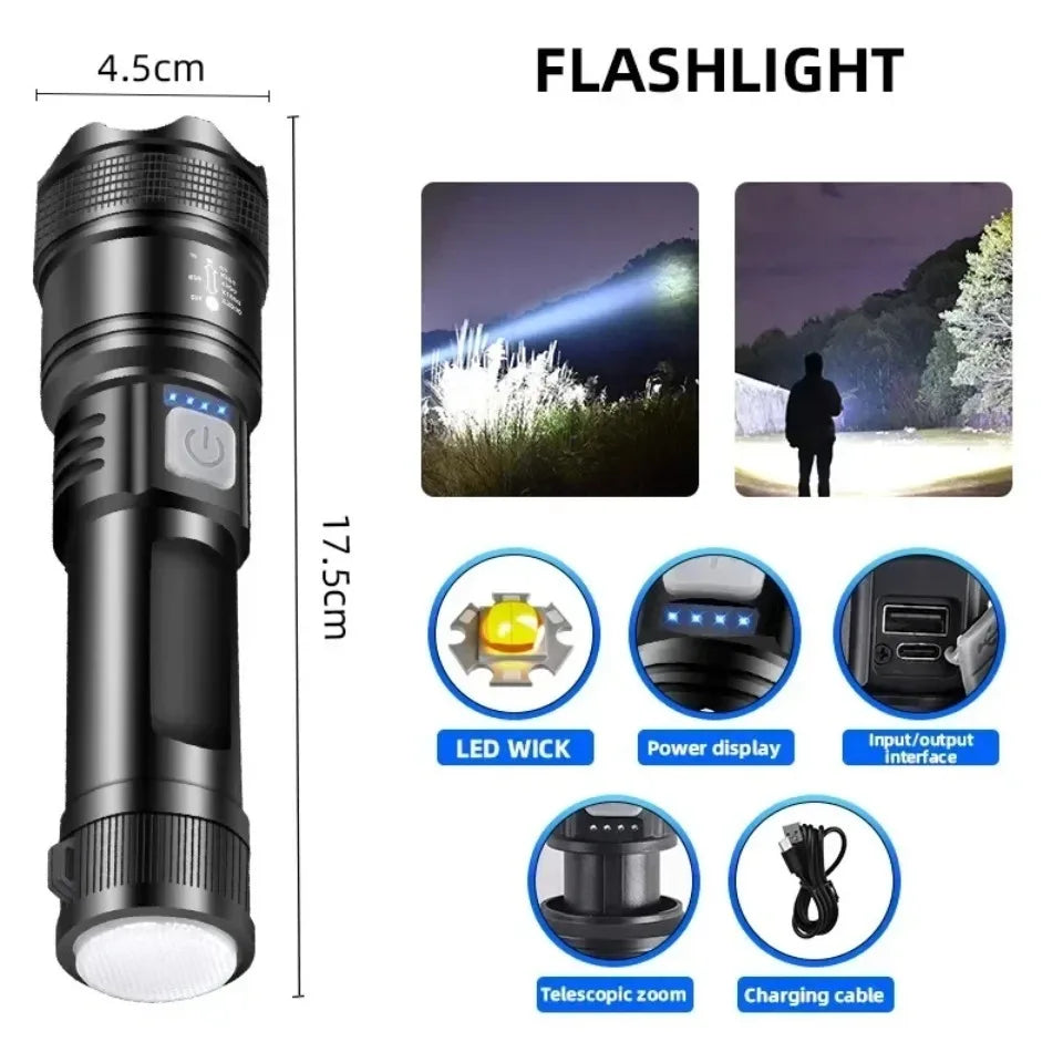 Powerful P70 LED Flashlights, Ultra Bright Tactical Light, Emergency Spotlights, Telescopic Zoom Light, Built-in Battery, 5000LM