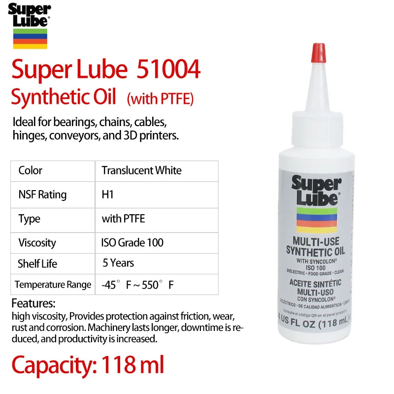Super Lube 51004 Synthetic Oil ISO 100 NSF H1 Food Grade Lubricant Oil for Keyboard Switch Gear Bearing Plastic Safe 20ml 50ml