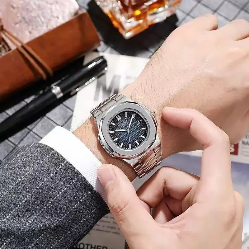 Fashion Luxury Business Square Quartz Watches Classic Stripe Design Dial with Stainless Steel Band Wristwatch for Men Relogio