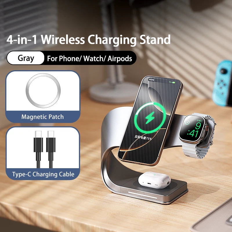 Qi 15W Magnetic Wireless Charger 4 in 1 Metal Shell 15W Fast Charging Station Stand for iPhone 12-17 Mobile Phones Airpods Watch