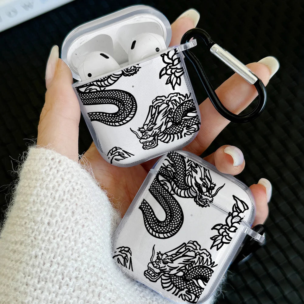 Simple Black Snake Design Case For AirPods 4 3 1 2 Gen TPU Earbuds Case For AirPods Pro 2/Pro Cover with Keychain Accessory