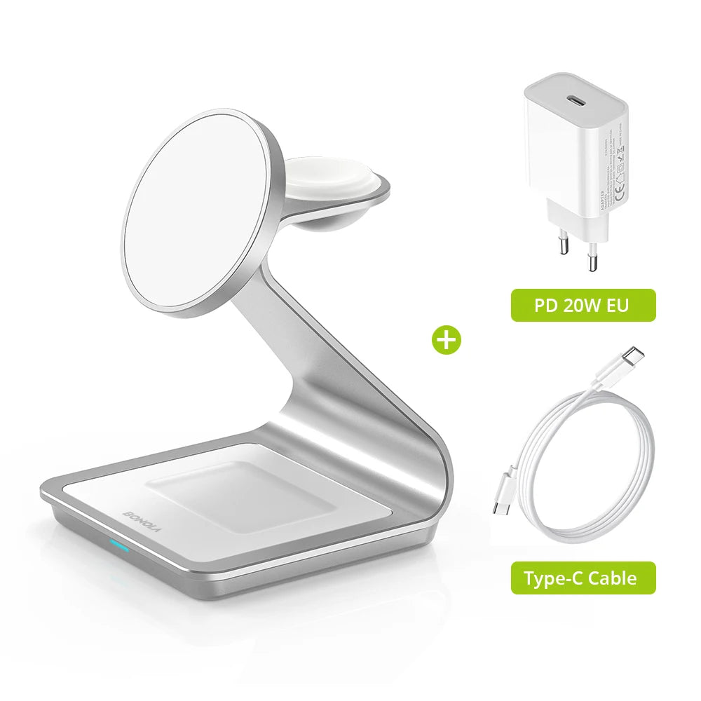 Bonola Magnetic 3 in 1 Charger Metal Stand for iPhone 14/15/16/17 Pro Fast Wireless Charging Desk Holder for Apple Watch/AirPods
