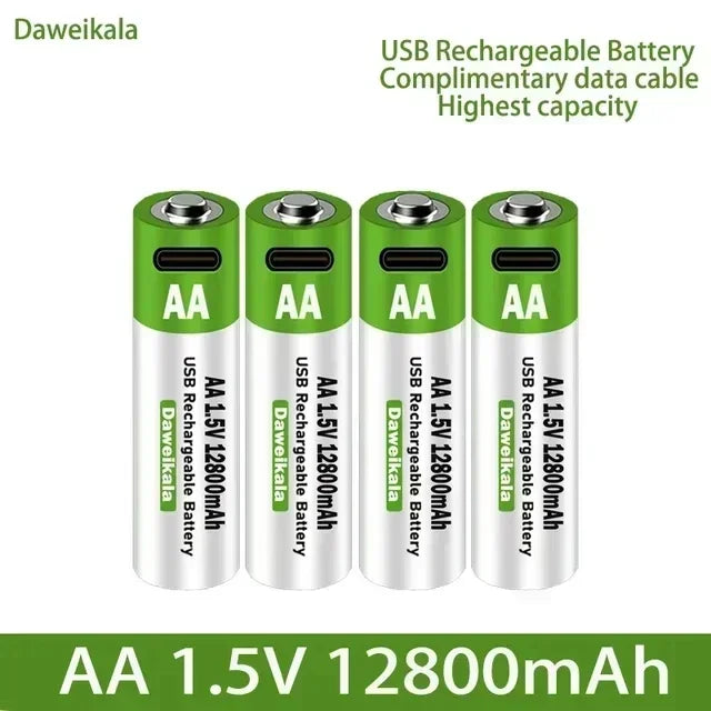 2024 New 1.5V AA USB Rechargeable Battery 12800 mAh Li-ion Battery for Remote Control Mouse Electric Toy Battery + Type-C Cable