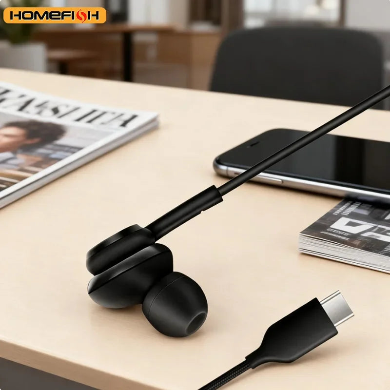 HOMEFISH USB-C Wired Earbuds In-Ear Headphones with Mic HiFi Stereo Sound Tangle-Free Braided Cable Type-c,3.5mm 2skus