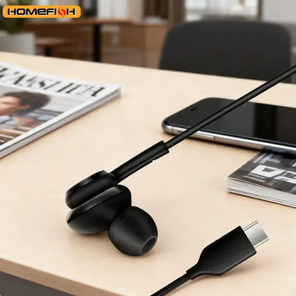 HOMEFISH USB-C Wired Earbuds In-Ear Headphones with Mic HiFi Stereo Sound Tangle-Free Braided Cable Type-c,3.5mm 2skus